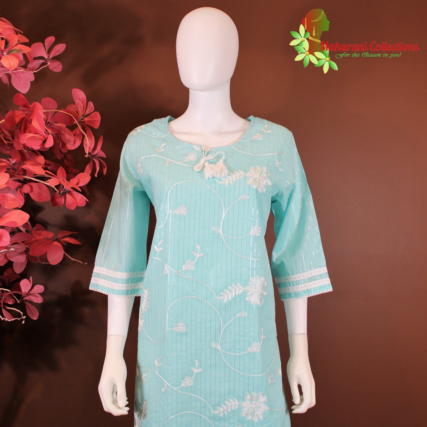 Maharani's Suit with Pants and Dupatta - Sea Green (L) - Pure Muslin Silk