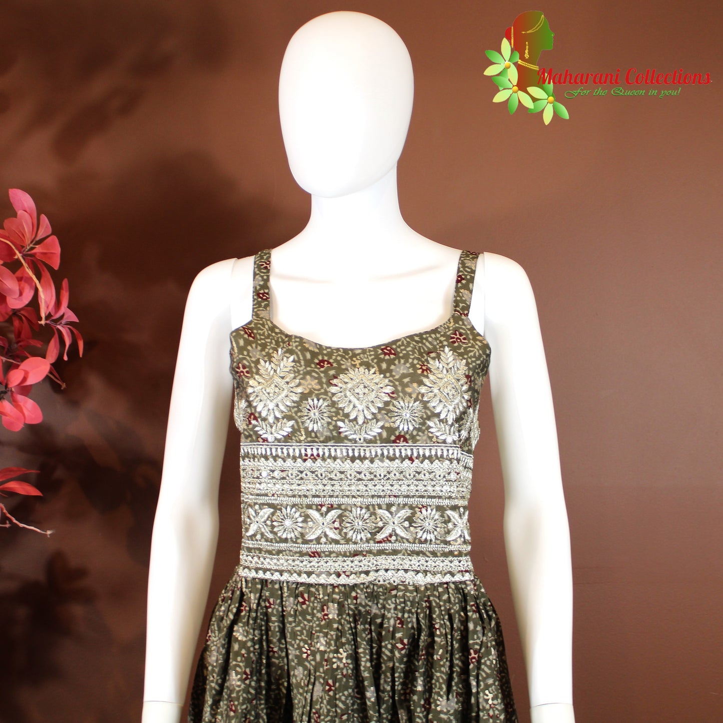 Maharani's Suit with Pants and Dupatta - Henna Green (S) - Pure Muslin Silk