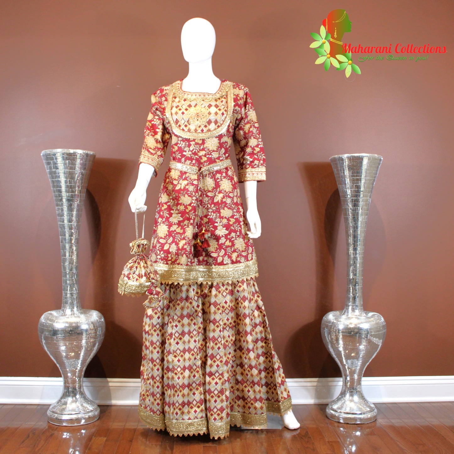 Maharani's Designer Linen Silk Sharara Suit - Maroon (M, L, XL)