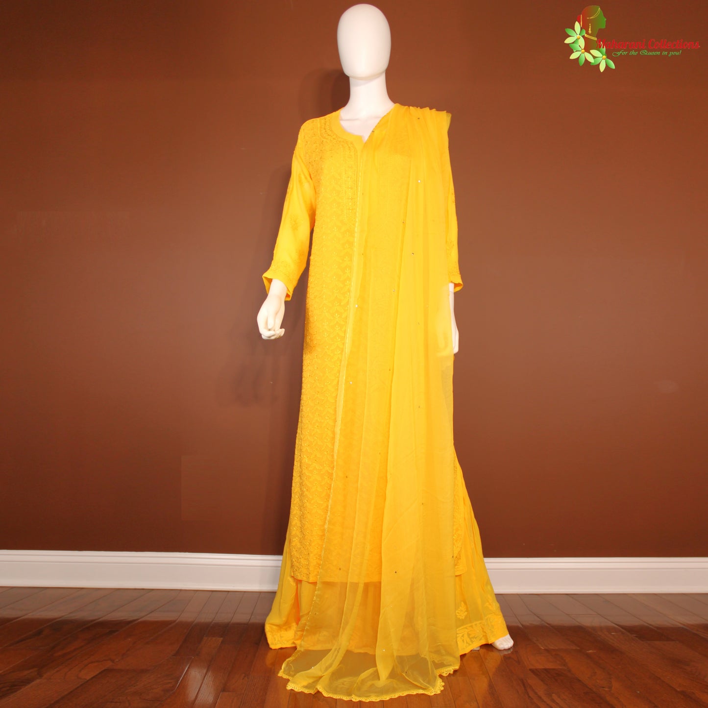 Maharani's Lucknowi Sharara Suit - Yellow (L) - Pure Georgette