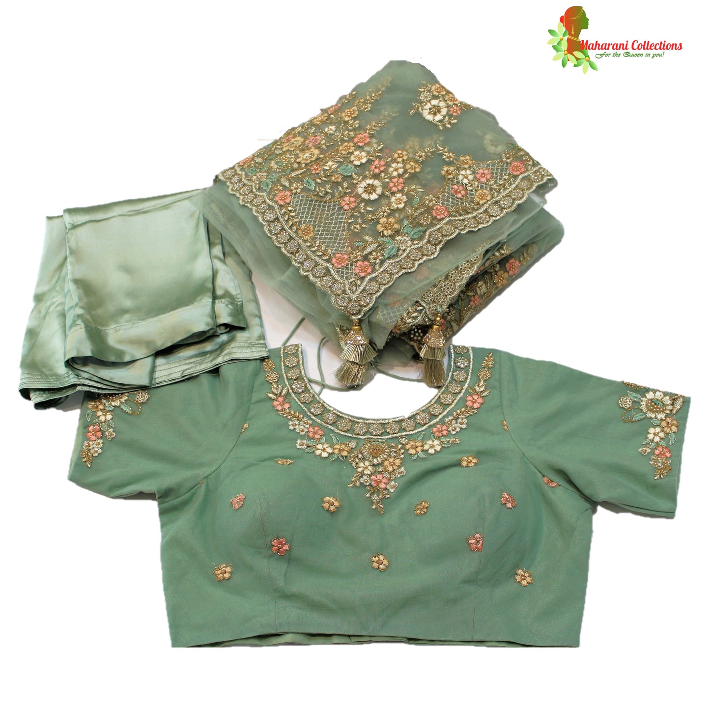 Maharani's Designer Party Wear Net Silk Saree - Sea Green (with stitched Blouse and Petticoat)