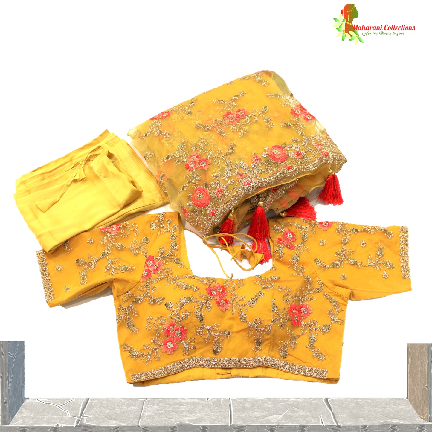 Maharani's Designer Party Wear Net Silk Saree - Deep Yellow (with stitched Blouse and Petticoat)