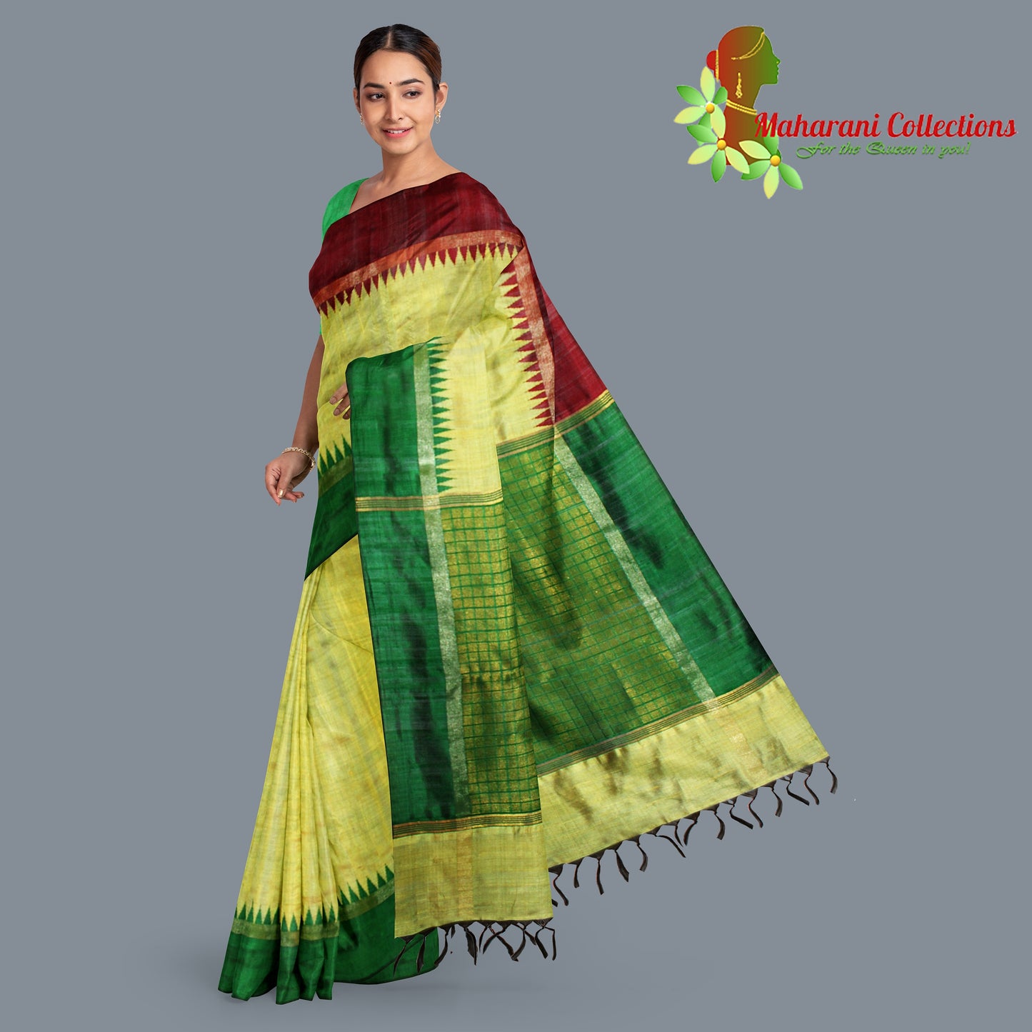 Pure Tussar Silk Saree (Silk Mark) - Lemon Yellow (with Stitched Blouse & Petticoat)