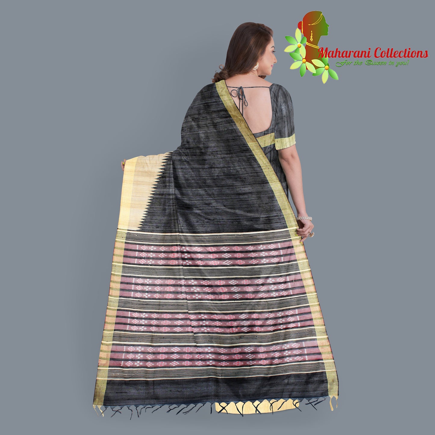 Pure Tussar Silk Saree (Silk Mark) - Black (with Stitched Blouse & Petticoat)