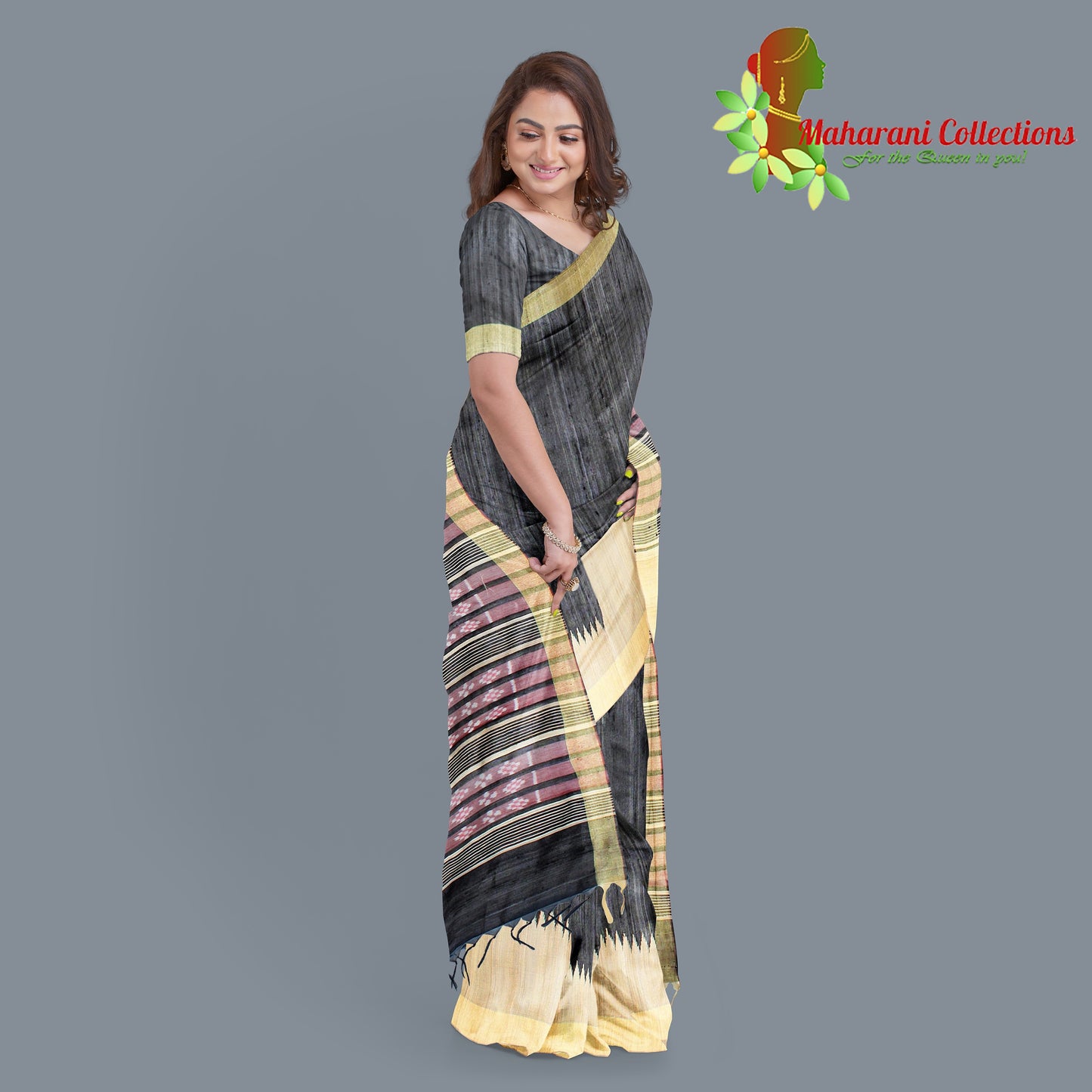 Pure Tussar Silk Saree (Silk Mark) - Black (with Stitched Blouse & Petticoat)