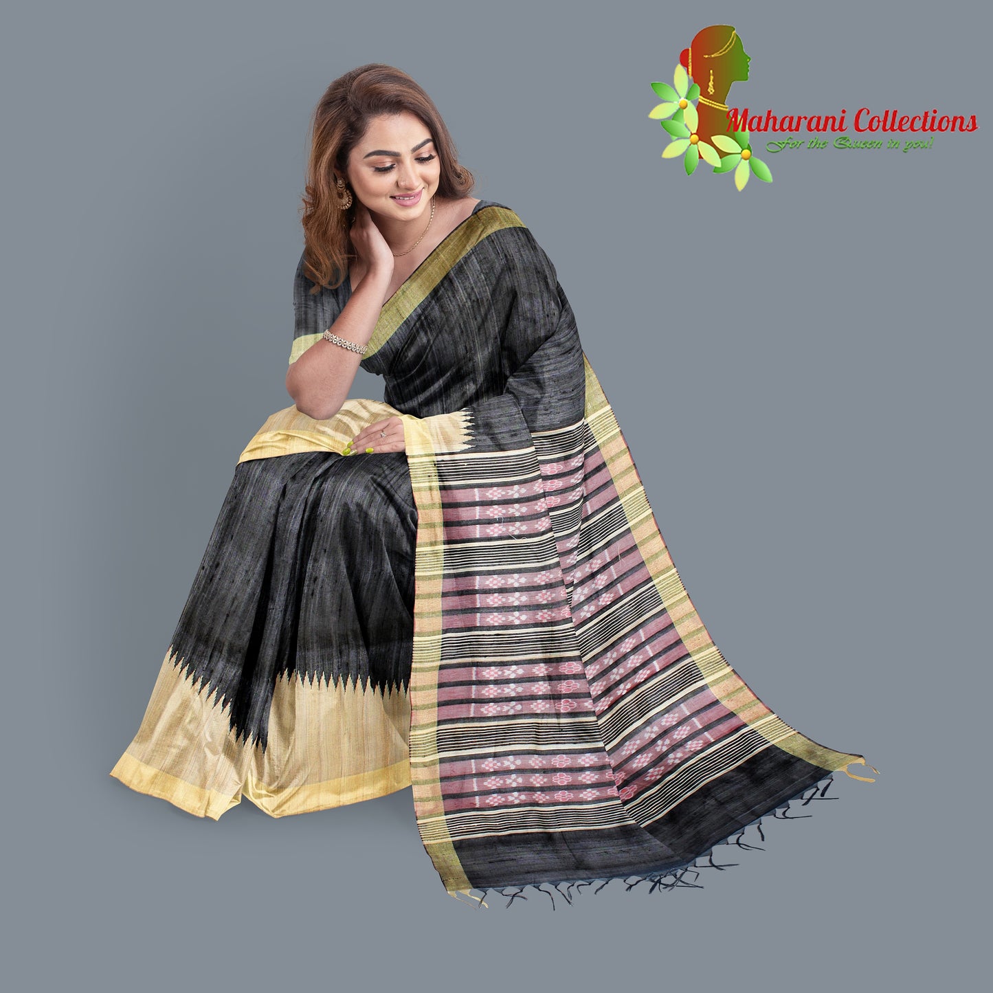 Pure Tussar Silk Saree (Silk Mark) - Black (with Stitched Blouse & Petticoat)