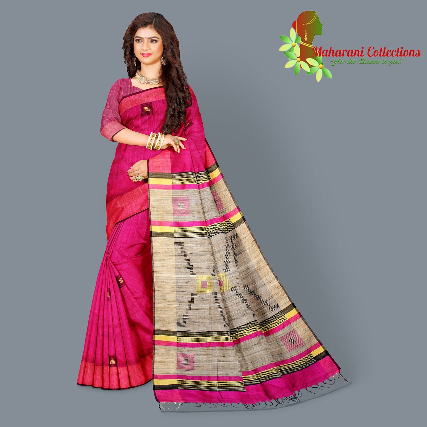 Pure Tussar Silk Saree (Silk Mark) - Ruby Pink (with Stitched Blouse & Petticoat)
