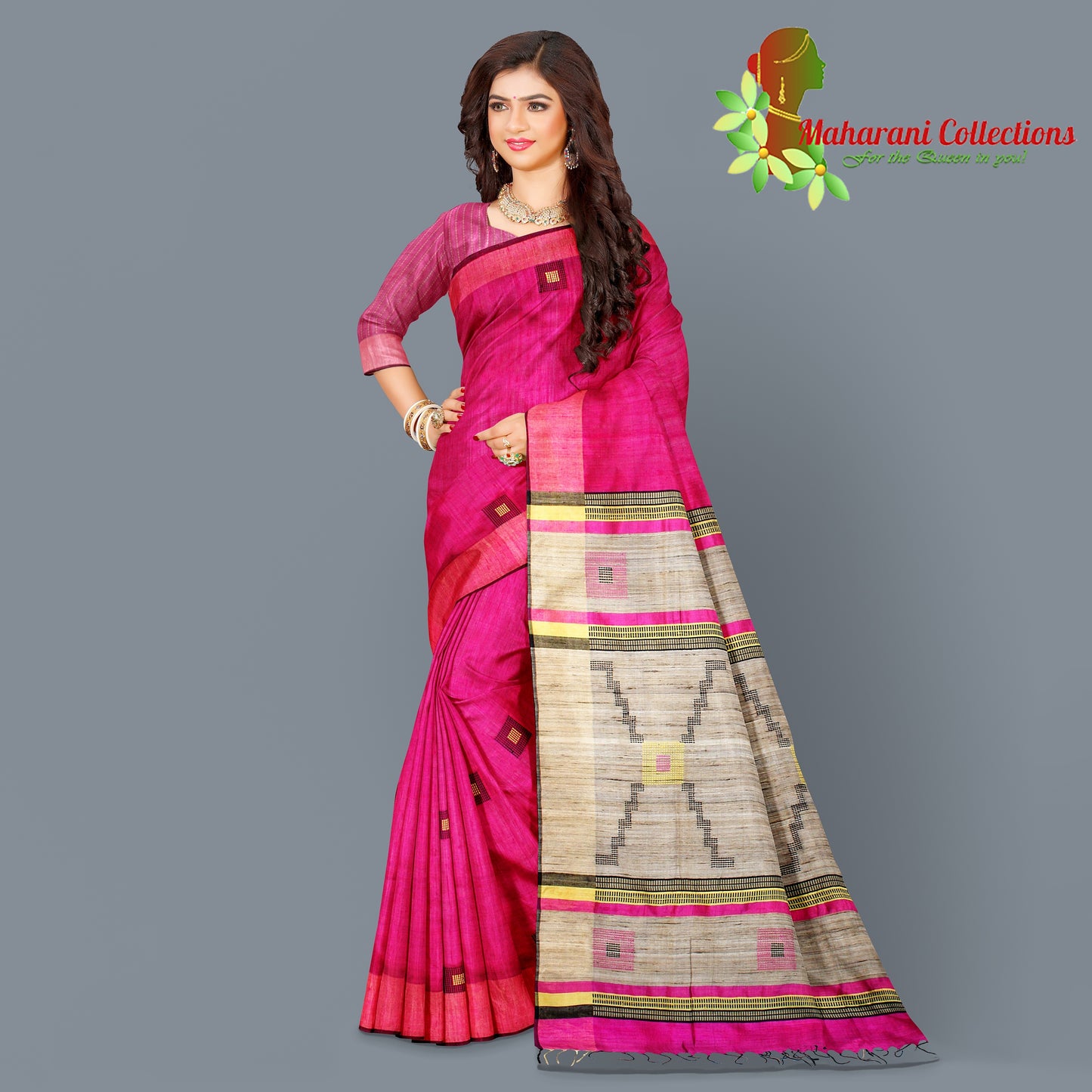 Pure Tussar Silk Saree (Silk Mark) - Ruby Pink (with Stitched Blouse & Petticoat)
