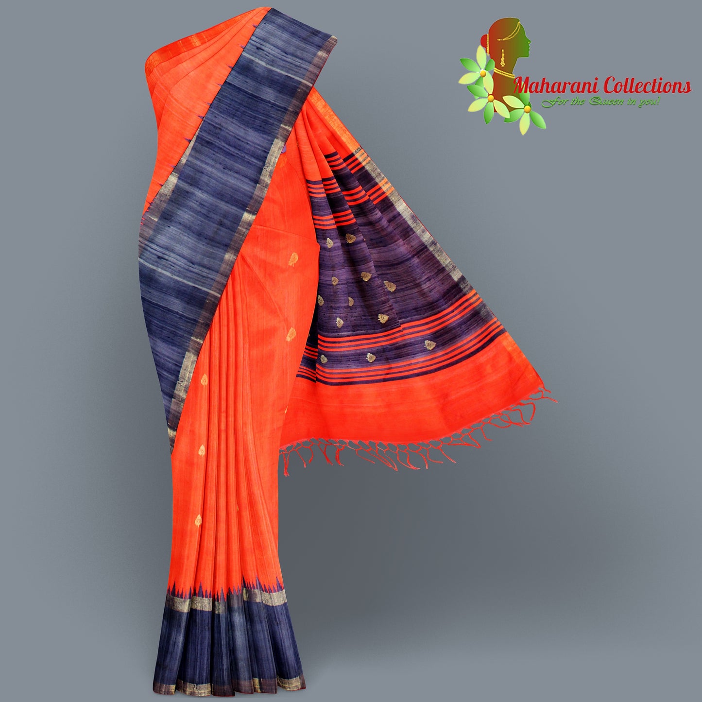 Pure Tussar Silk Saree (Silk Mark) - Orange (with Stitched Blouse & Petticoat)