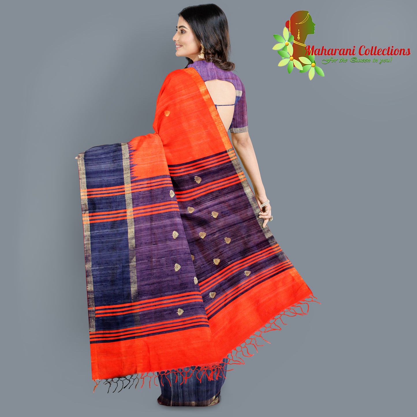 Pure Tussar Silk Saree (Silk Mark) - Orange (with Stitched Blouse & Petticoat)