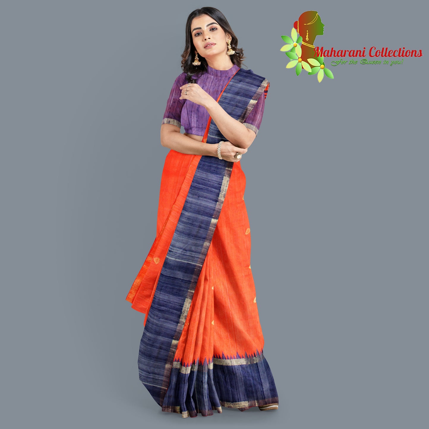 Pure Tussar Silk Saree (Silk Mark) - Orange (with Stitched Blouse & Petticoat)