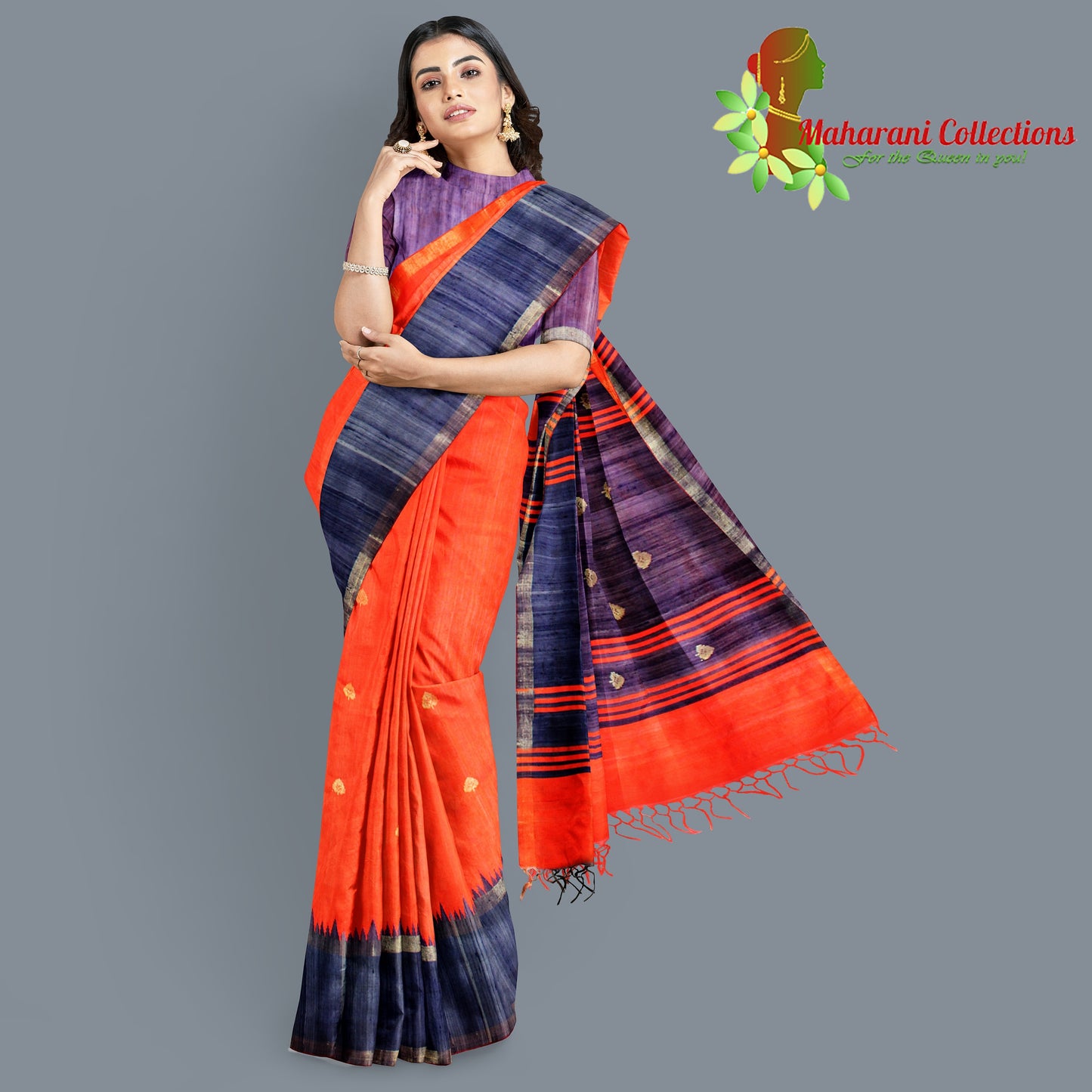 Pure Tussar Silk Saree (Silk Mark) - Orange (with Stitched Blouse & Petticoat)