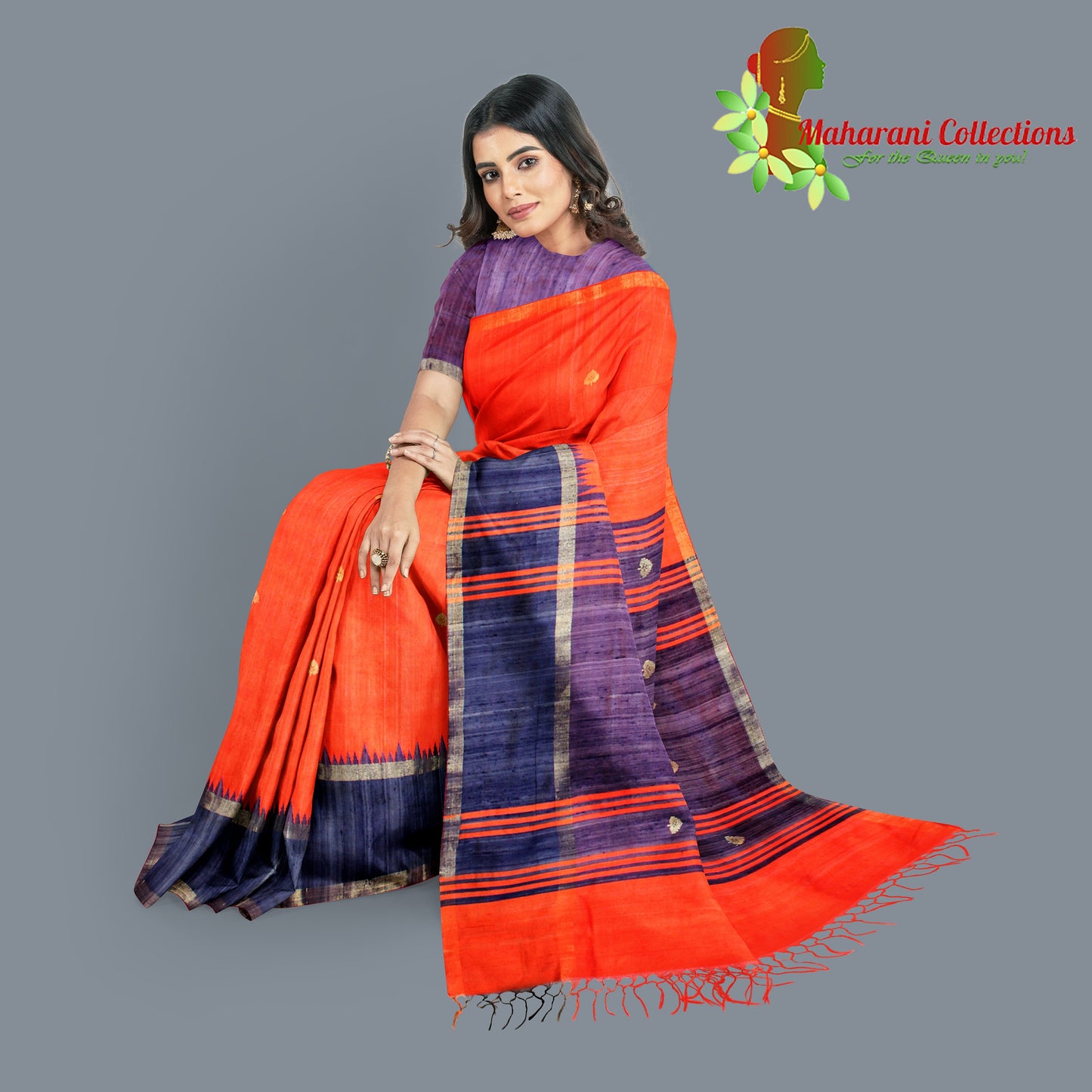 Pure Tussar Silk Saree (Silk Mark) - Orange (with Stitched Blouse & Petticoat)