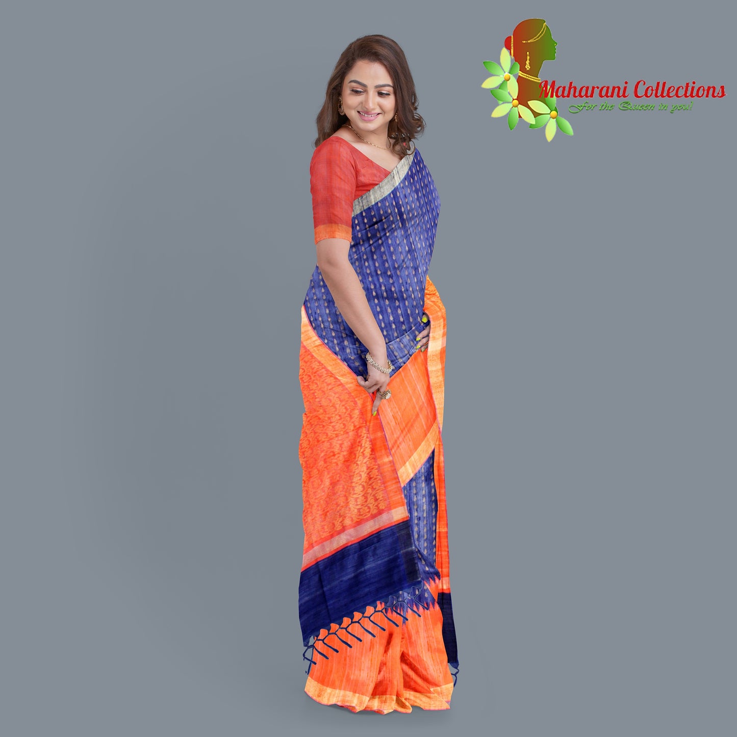 Pure Tussar Silk Saree (Silk Mark) - Navy Blue (with Stitched Blouse & Petticoat)