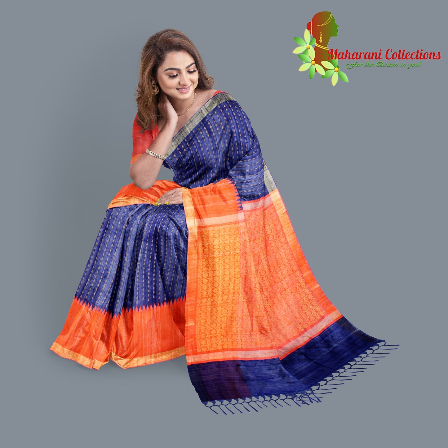 Pure Tussar Silk Saree (Silk Mark) - Navy Blue (with Stitched Blouse & Petticoat)