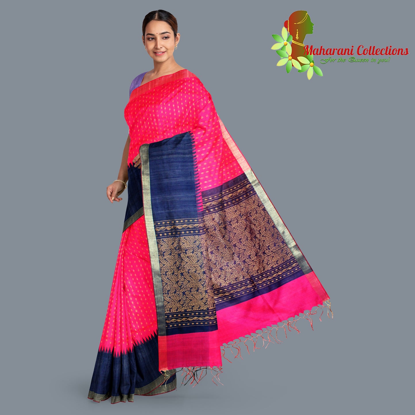 Pure Tussar Silk Saree (Silk Mark) - Pink (with Stitched Blouse & Petticoat)