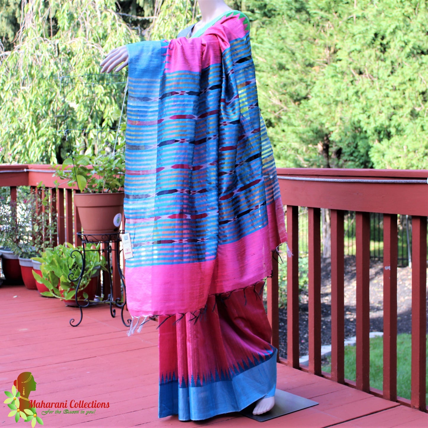 Pure Tussar Silk Saree (Silk Mark) - Pink with Blue Temple Border and Blue Zari Pallu