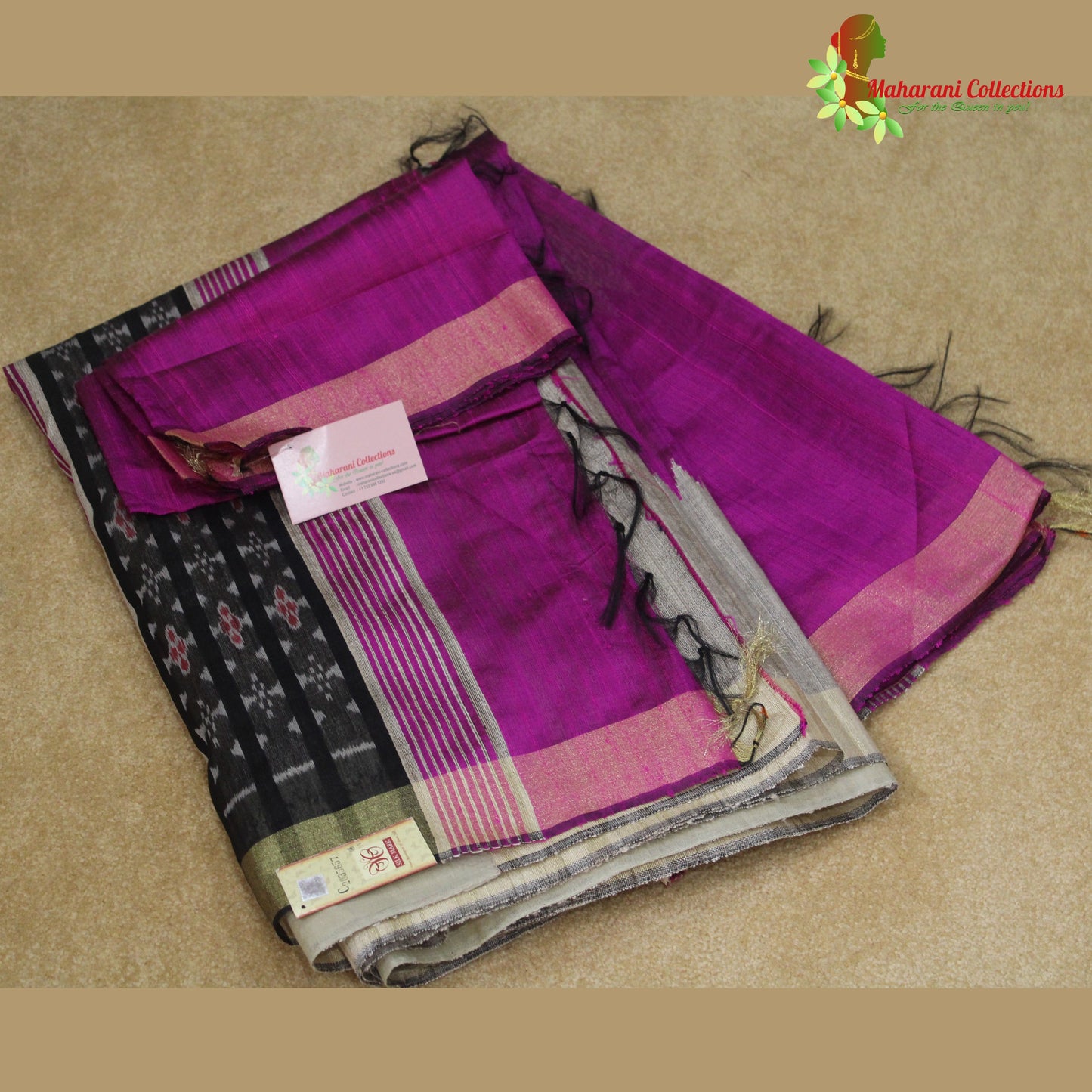 Pure Tussar Silk Saree (Silk Mark) - Beige with Magenta Temple Border and Magenta Pallu.