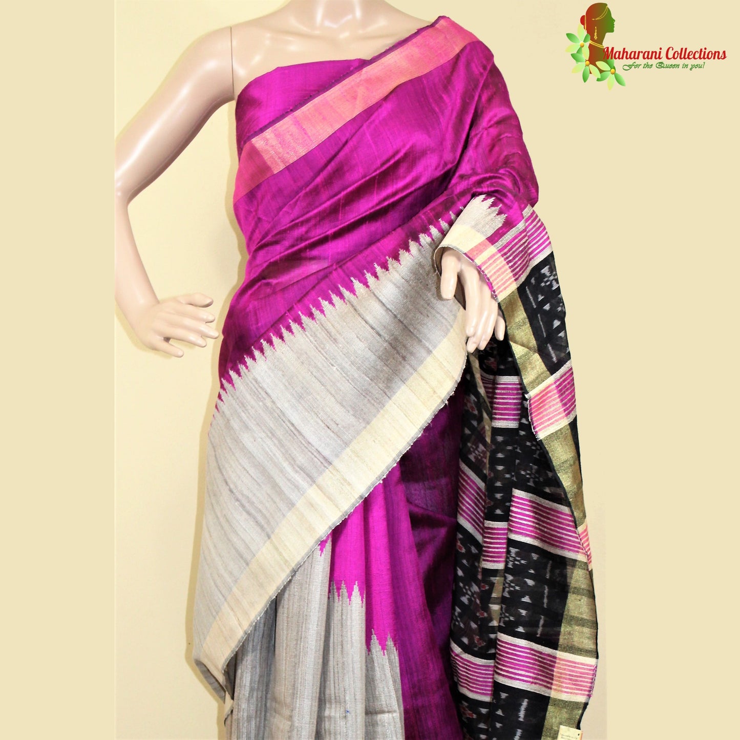 Pure Tussar Silk Saree (Silk Mark) - Beige with Magenta Temple Border and Magenta Pallu.