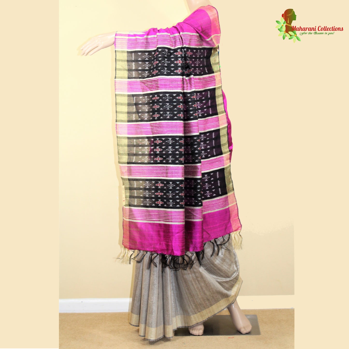 Pure Tussar Silk Saree (Silk Mark) - Beige with Magenta Temple Border and Magenta Pallu.
