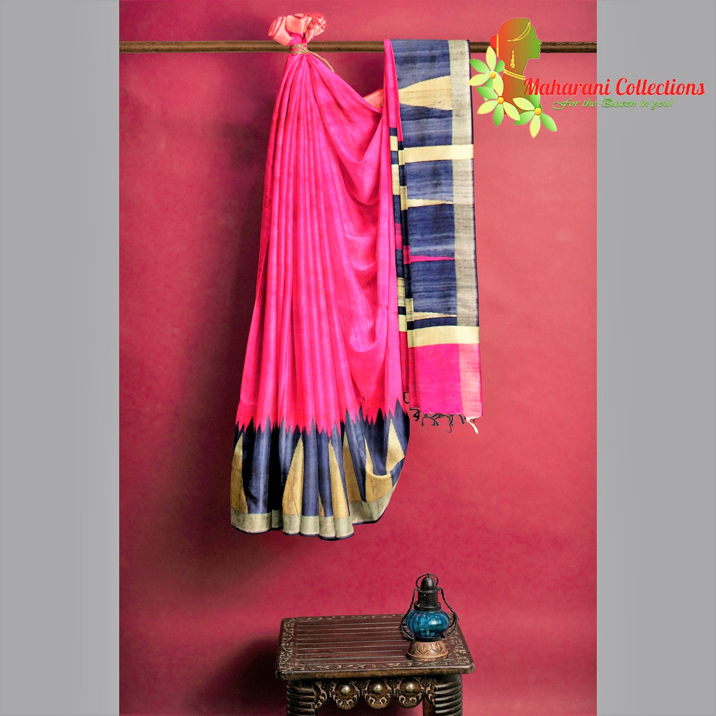 Pure Tussar Silk Saree (Silk Mark) - Ruby Pink (with Stitched Blouse & Petticoat)