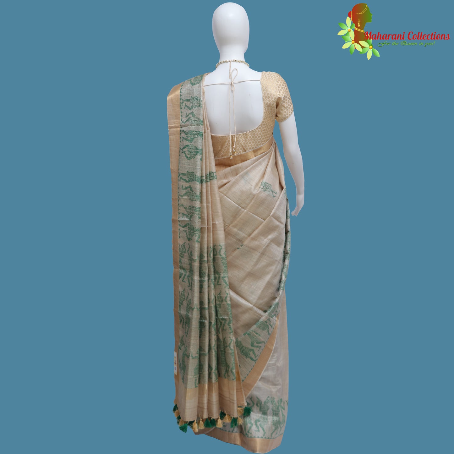 Pure Bhagalpur Tussar Silk Saree (Silk Mark) - Beige Madhubani Work