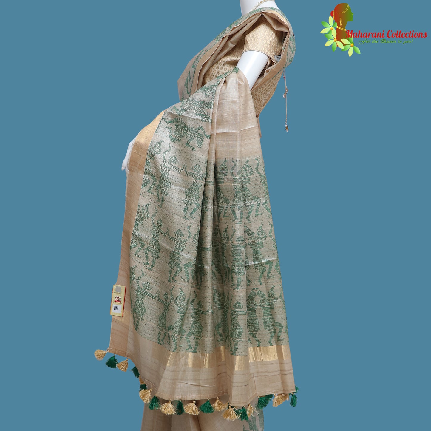 Pure Bhagalpur Tussar Silk Saree (Silk Mark) - Beige Madhubani Work