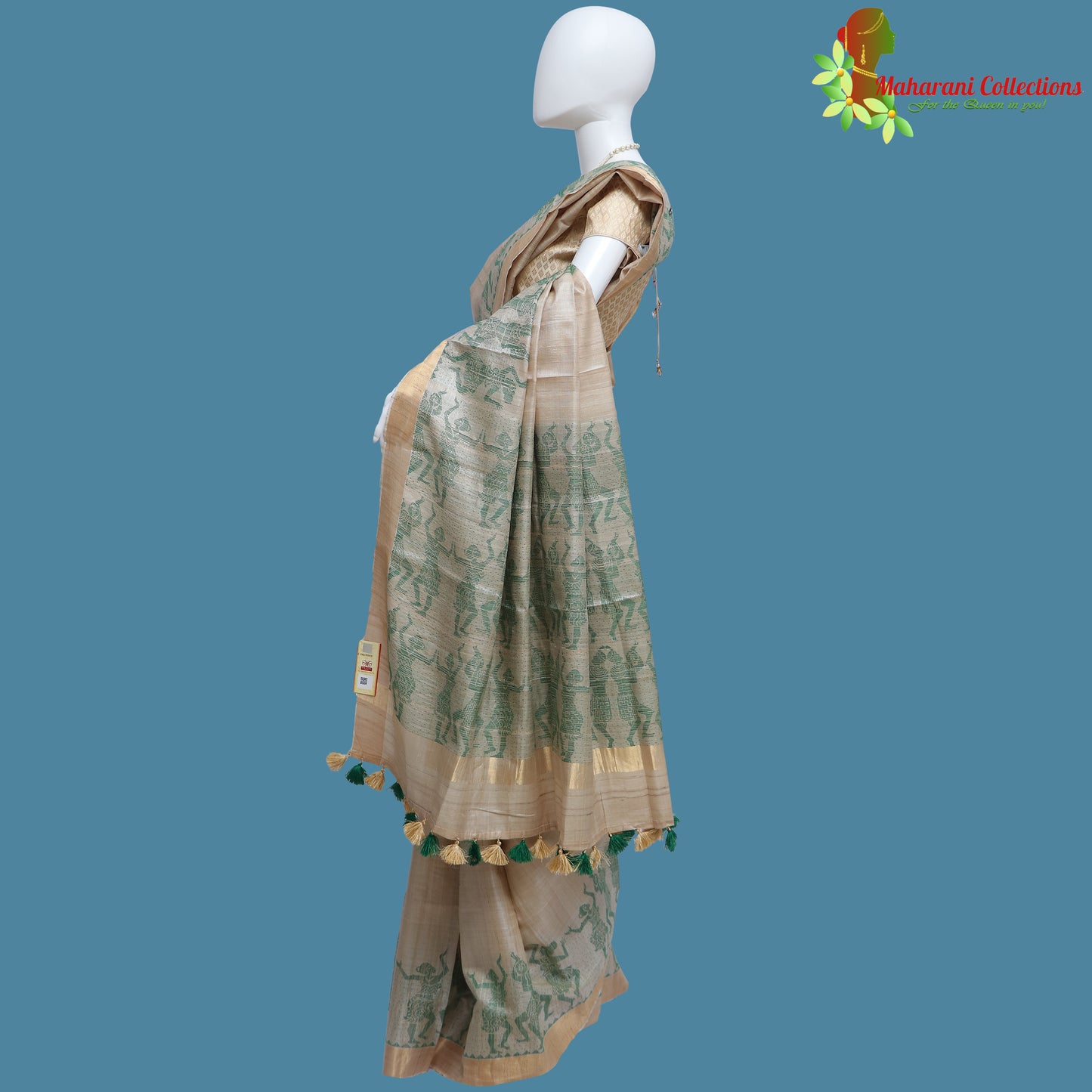 Pure Bhagalpur Tussar Silk Saree (Silk Mark) - Beige Madhubani Work