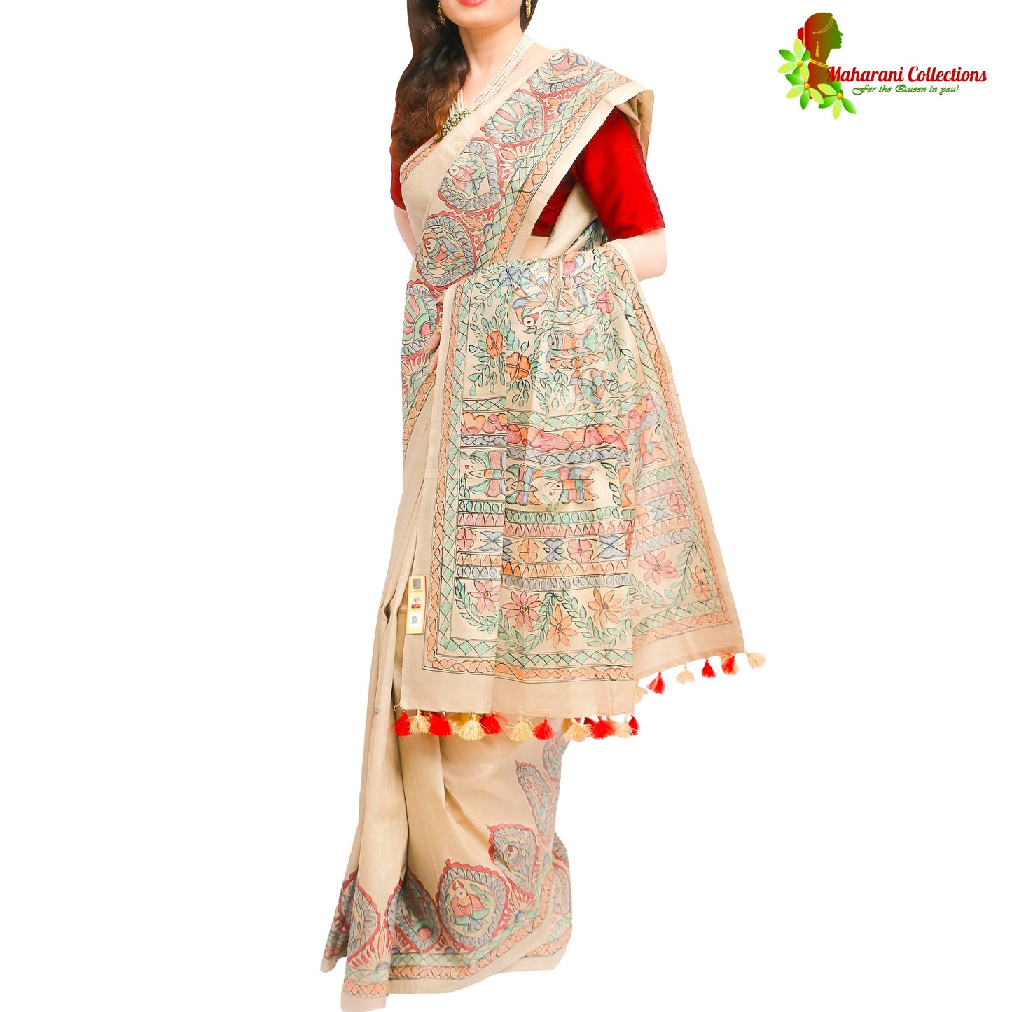 Pure Bhagalpur Tussar Silk Saree (Silk Mark) - Beige Madhubani Hand Painting