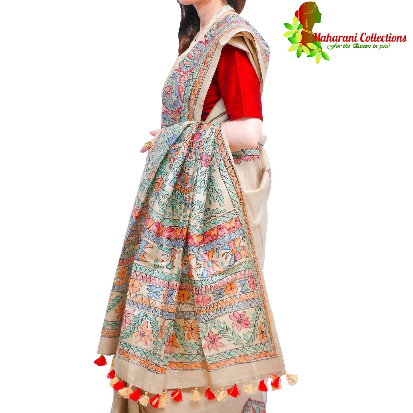 Pure Bhagalpur Tussar Silk Saree (Silk Mark) - Beige Madhubani Hand Painting
