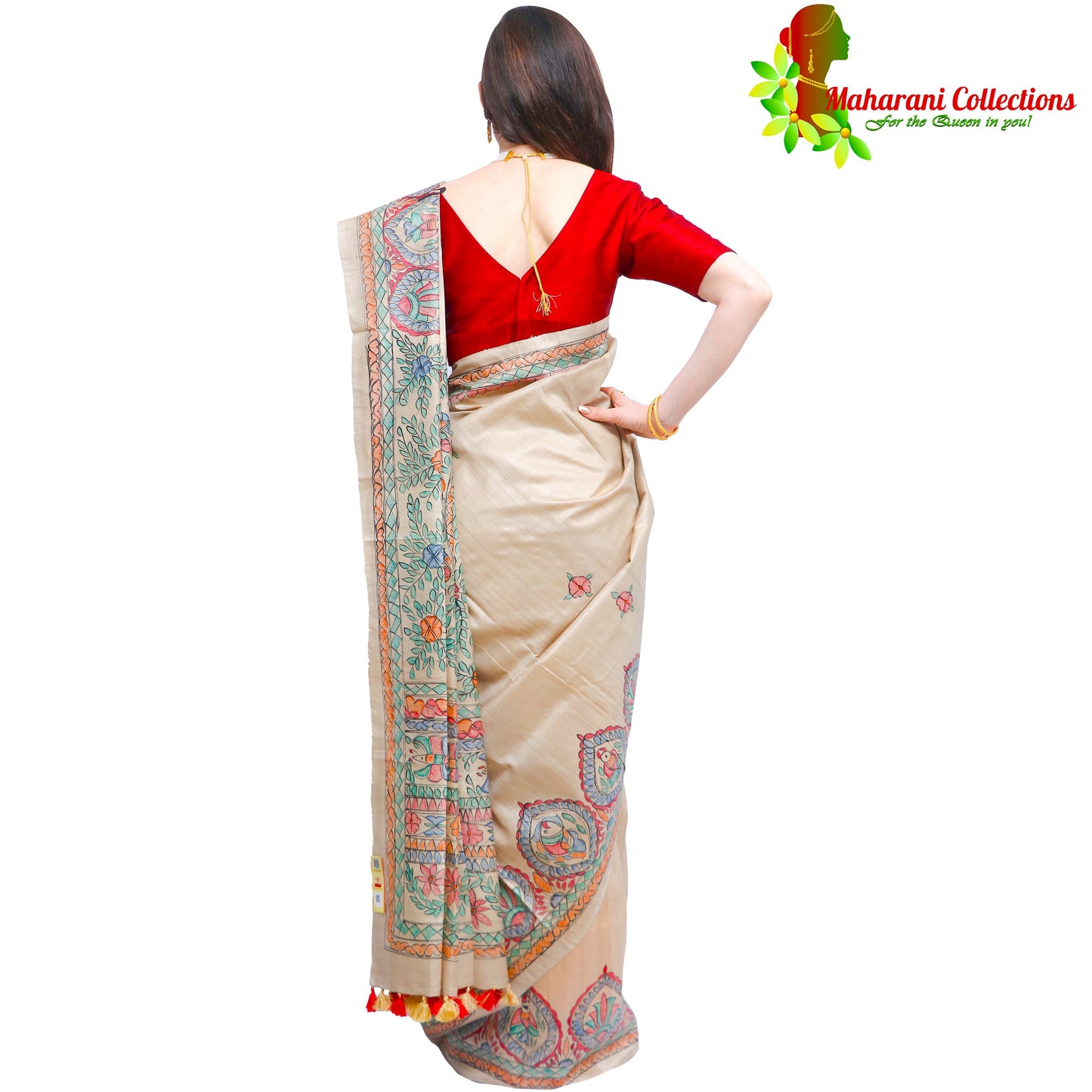 Pure Bhagalpur Tussar Silk Saree (Silk Mark) - Beige Madhubani Hand Painting