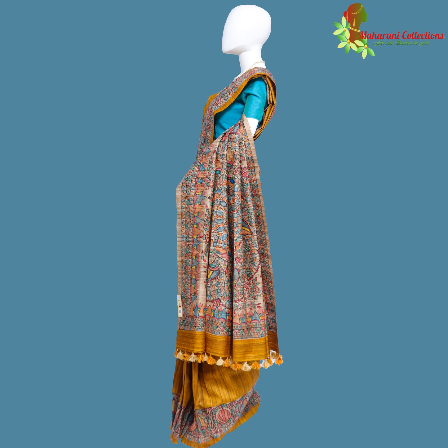 Pure Bhagalpur Tussar Silk Saree (Silk Mark) - Deep Mustard Madhubani Work