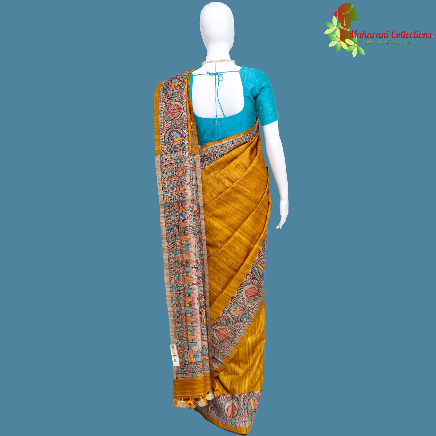 Pure Bhagalpur Tussar Silk Saree (Silk Mark) - Deep Mustard Madhubani Work