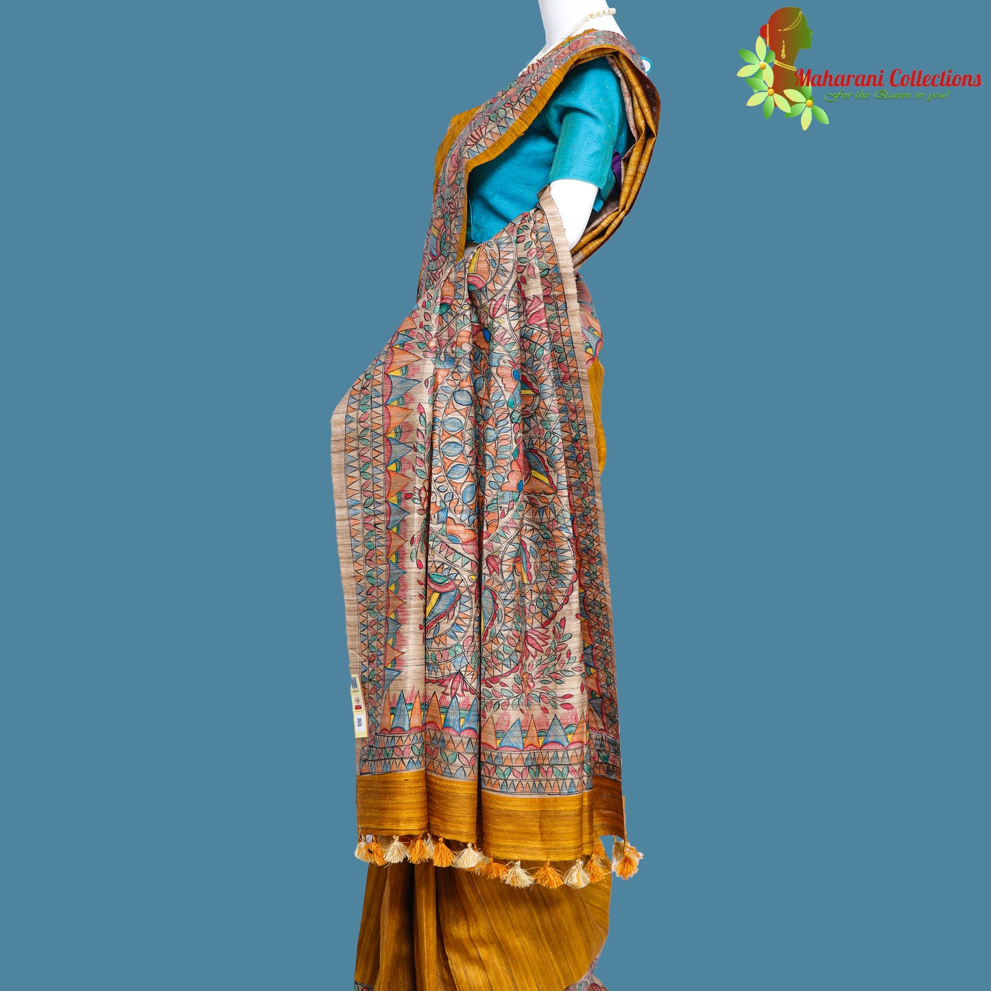 Pure Bhagalpur Tussar Silk Saree (Silk Mark) - Deep Mustard Madhubani Work
