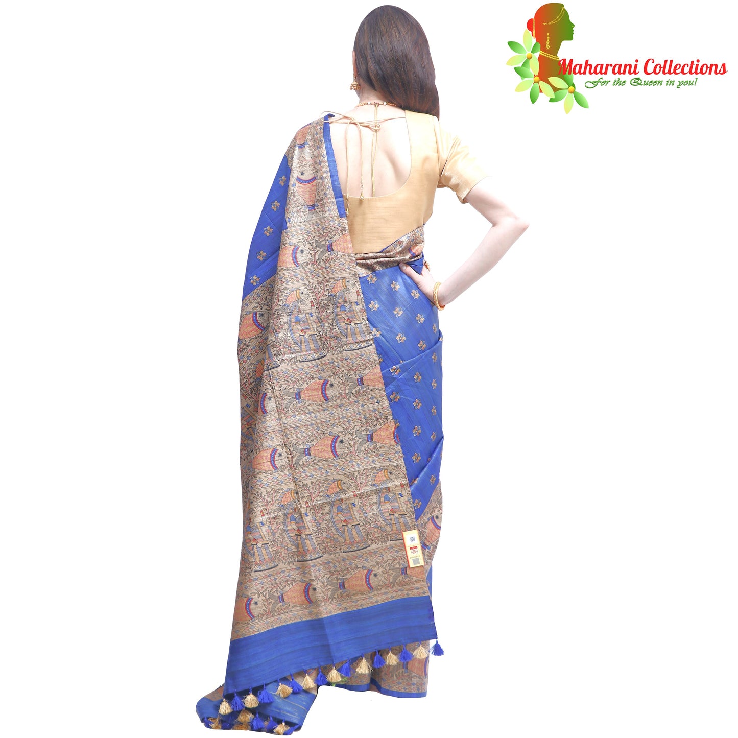 Pure Bhagalpur Tussar Silk Saree (Silk Mark) - Royal Blue Madhubani Handprint Work