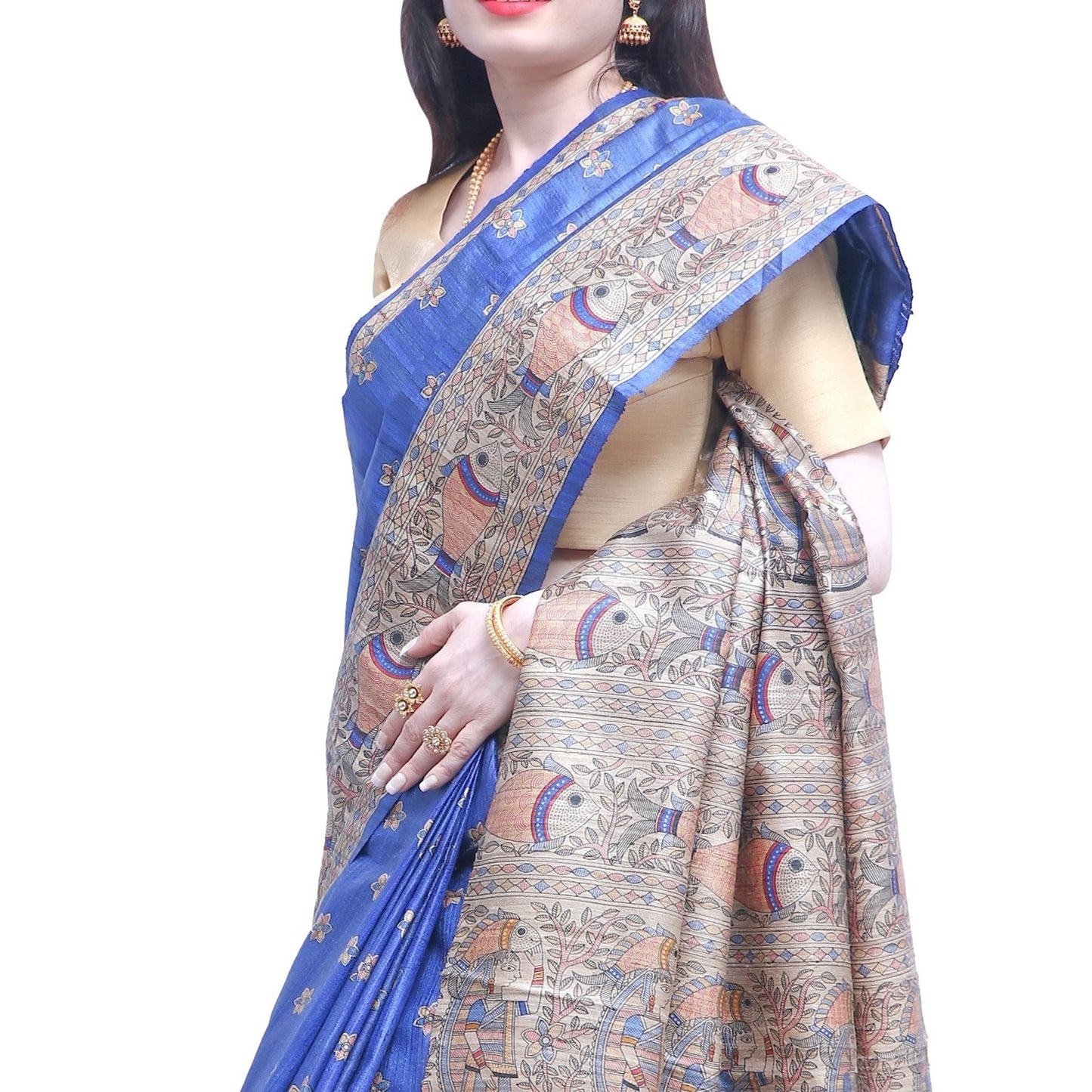 Pure Bhagalpur Tussar Silk Saree (Silk Mark) - Royal Blue Madhubani Handprint Work