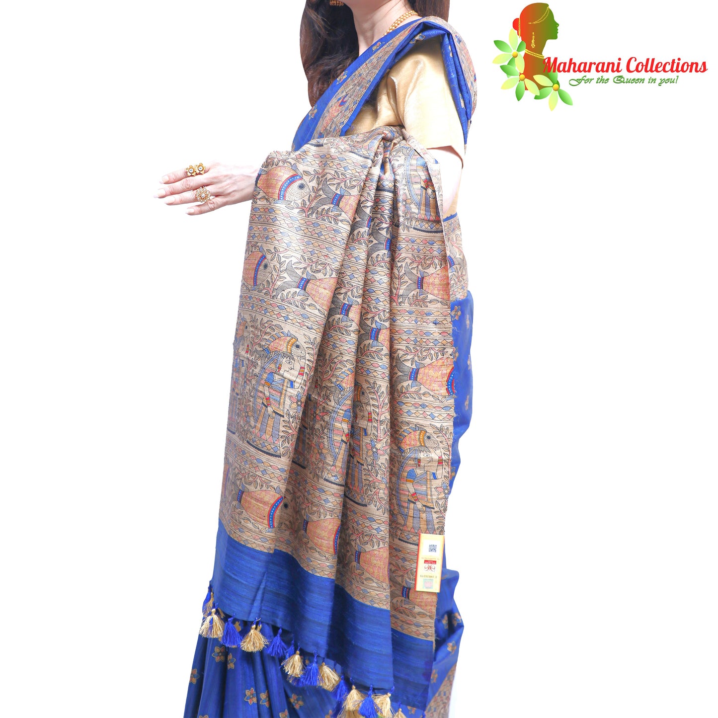 Pure Bhagalpur Tussar Silk Saree (Silk Mark) - Royal Blue Madhubani Handprint Work