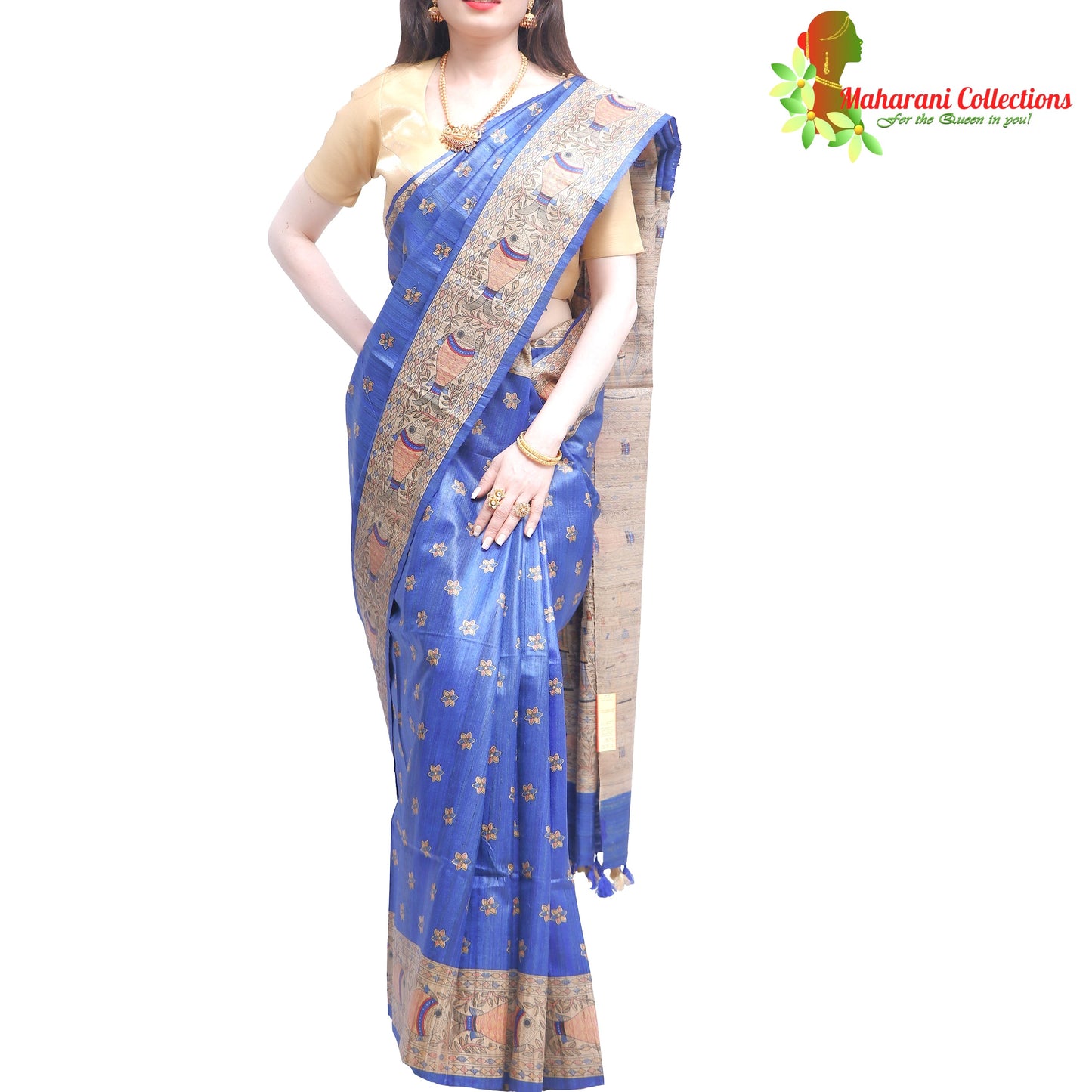 Pure Bhagalpur Tussar Silk Saree (Silk Mark) - Royal Blue Madhubani Handprint Work