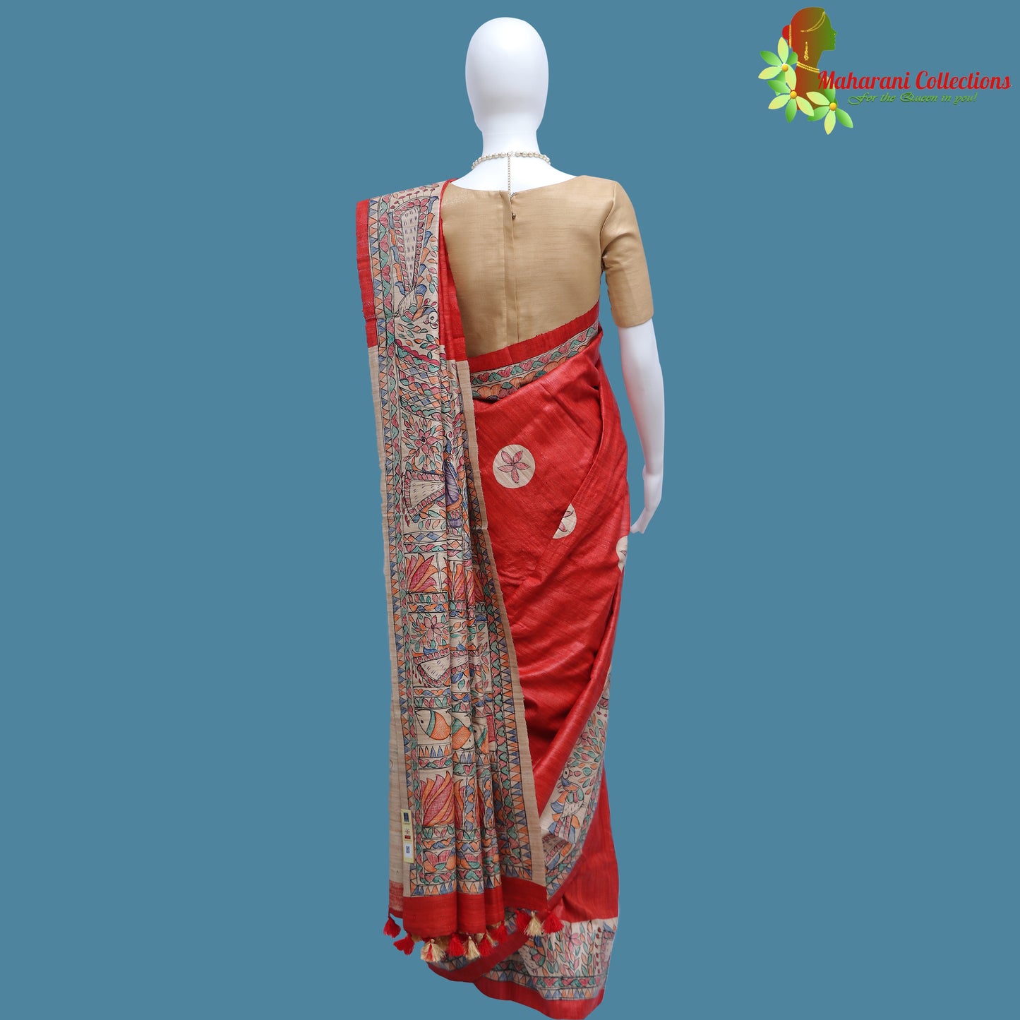 Pure Bhagalpur Tussar Silk Saree (Silk Mark) - Red Madhubani Work