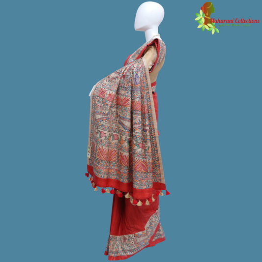 Pure Bhagalpur Tussar Silk Saree (Silk Mark) - Red Madhubani Work