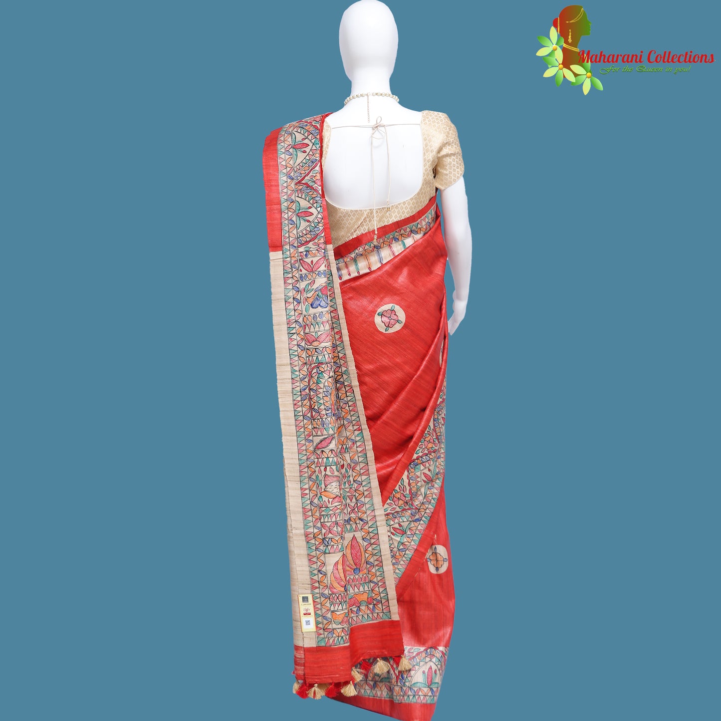 Pure Bhagalpur Tussar Silk Saree (Silk Mark) - Orange with Madhubani Work