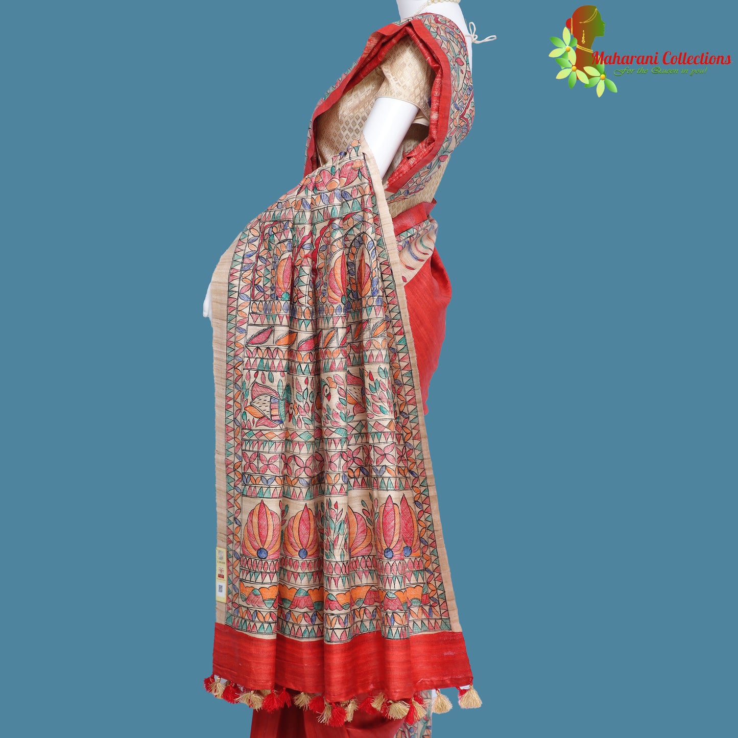 Pure Bhagalpur Tussar Silk Saree (Silk Mark) - Orange with Madhubani Work