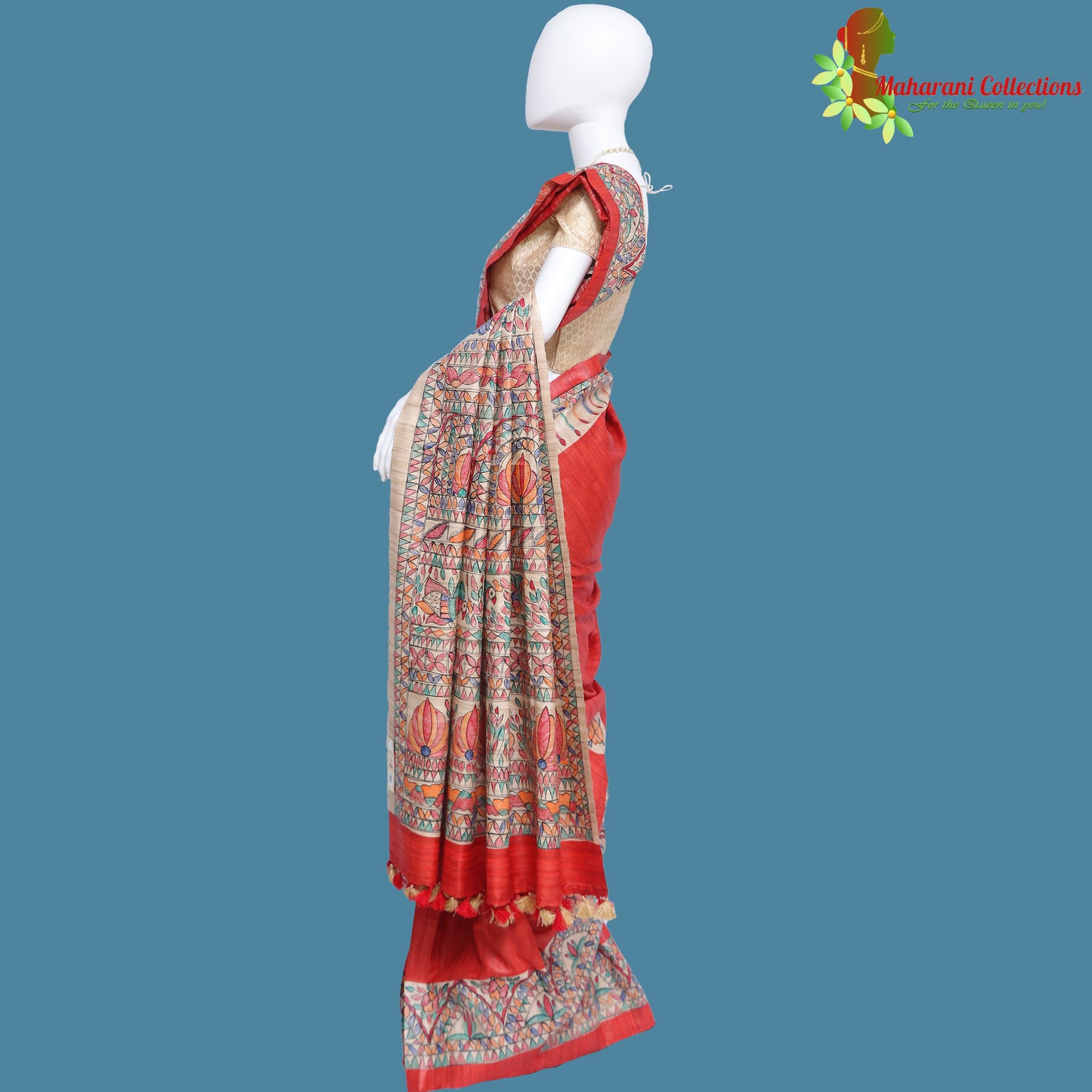 Pure Bhagalpur Tussar Silk Saree (Silk Mark) - Orange with Madhubani Work