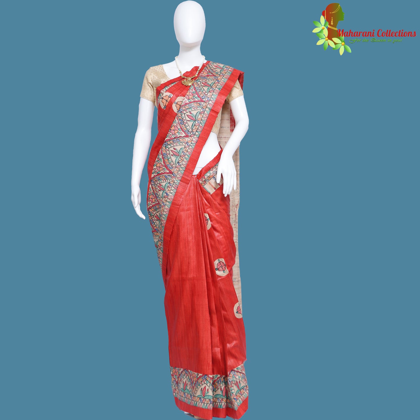 Pure Bhagalpur Tussar Silk Saree (Silk Mark) - Orange with Madhubani Work