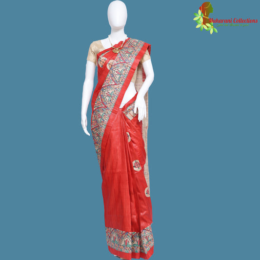 Pure Bhagalpur Tussar Silk Saree (Silk Mark) - Orange with Madhubani Work