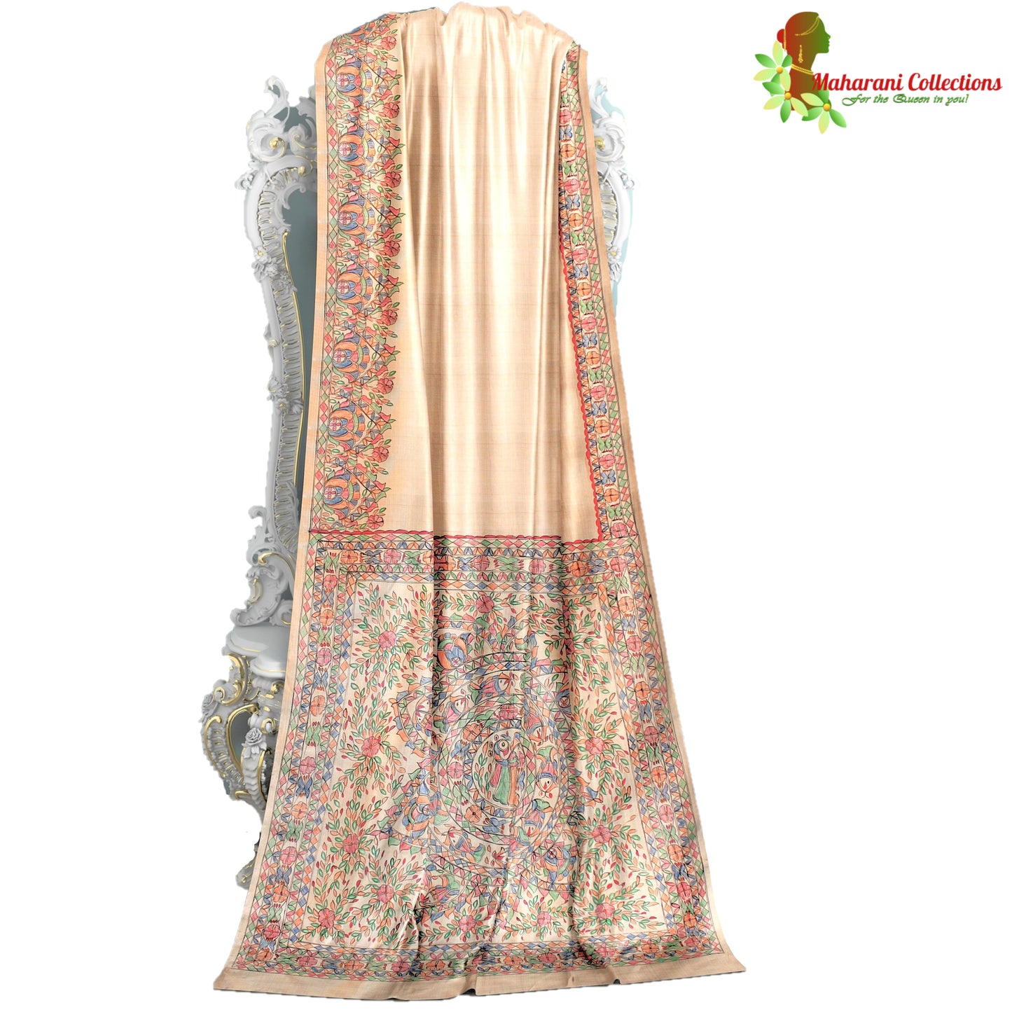 Pure Bhagalpur Tussar Silk Saree (Silk Mark) - Beige with Madhubani Hand Painting (includes Stitched Blouse & Petticoat)