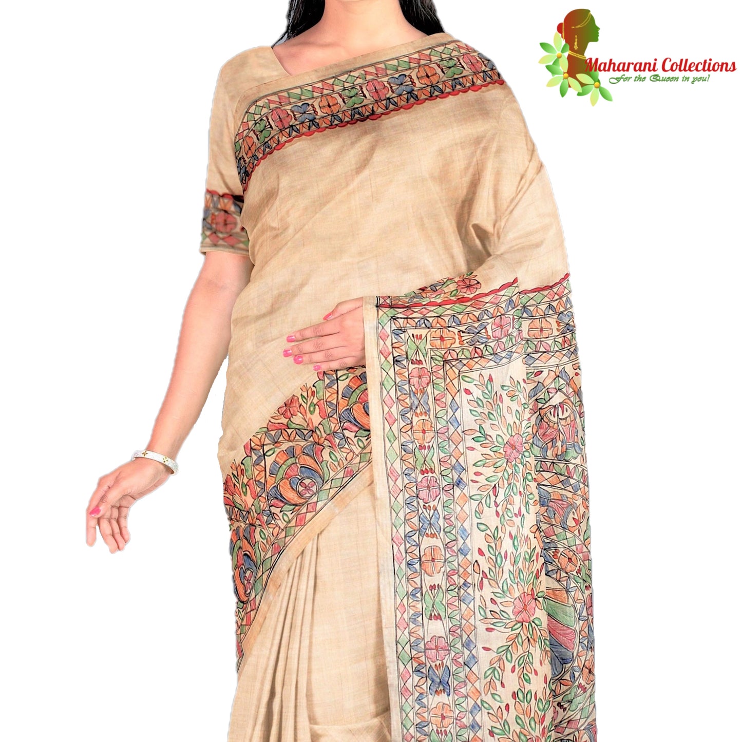 Pure Bhagalpur Tussar Silk Saree (Silk Mark) - Beige with Madhubani Hand Painting (includes Stitched Blouse & Petticoat)