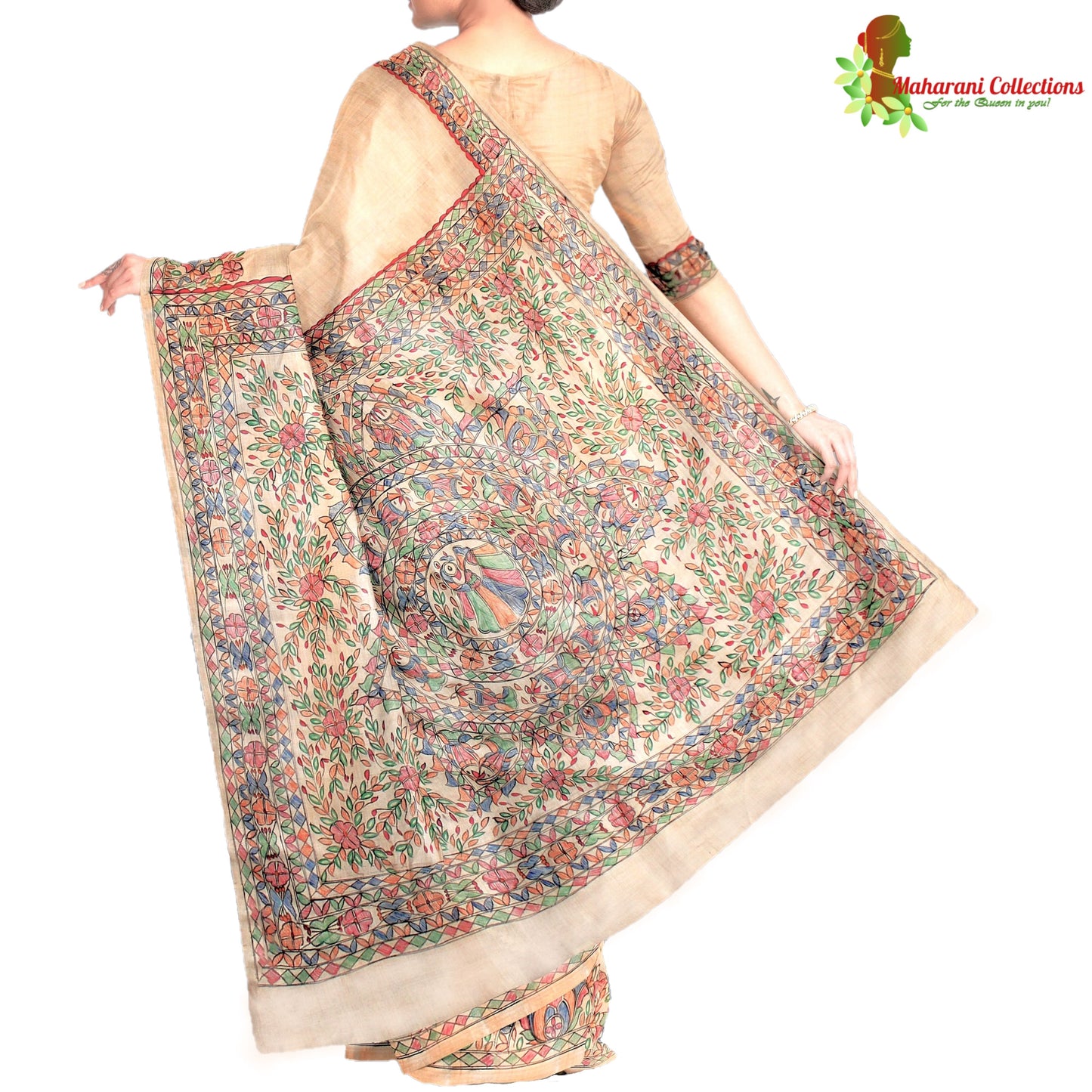 Pure Bhagalpur Tussar Silk Saree (Silk Mark) - Beige with Madhubani Hand Painting (includes Stitched Blouse & Petticoat)