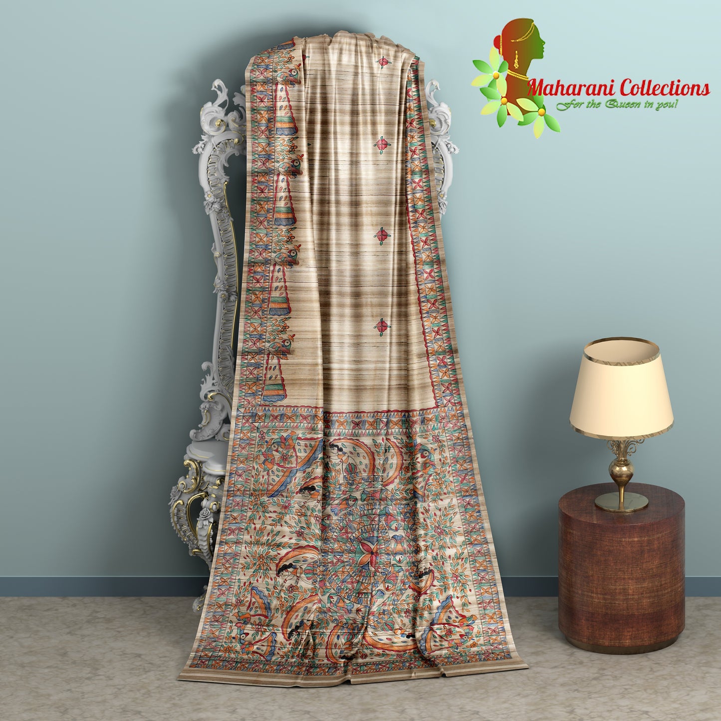 Pure Tussar Silk Saree (Silk Mark) - Beige (with Stitched Blouse & Petticoat)