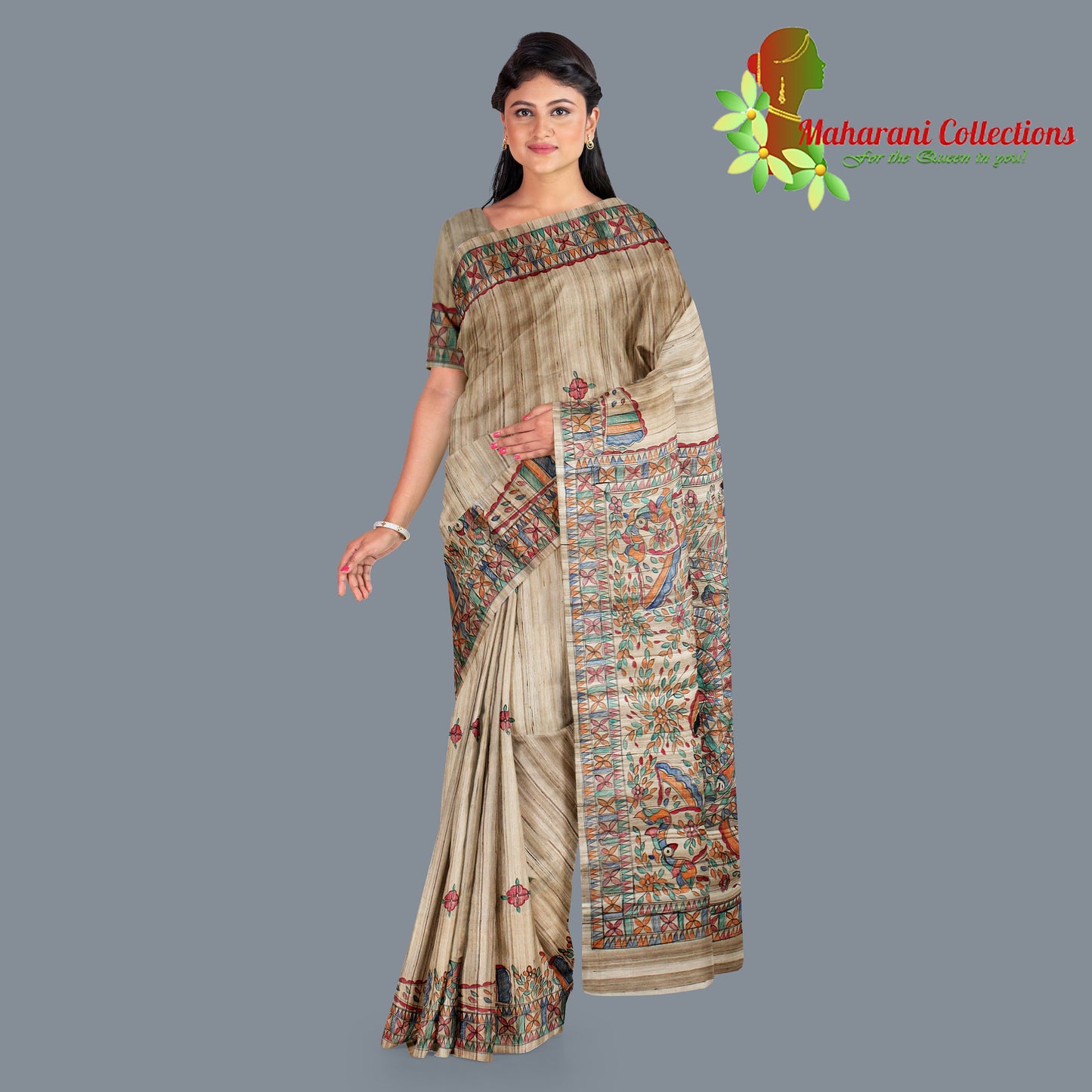 Pure Tussar Silk Saree (Silk Mark) - Beige (with Stitched Blouse & Petticoat)